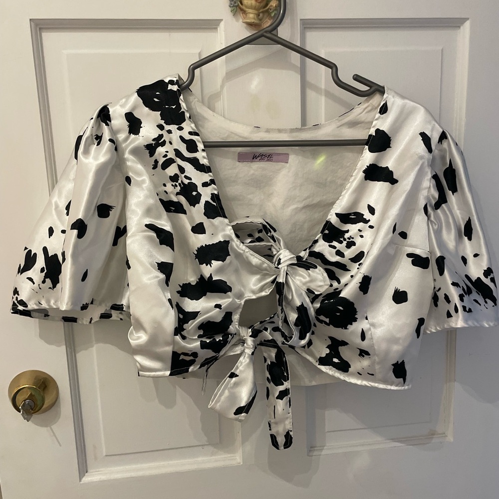 Cow print crop top with front ties